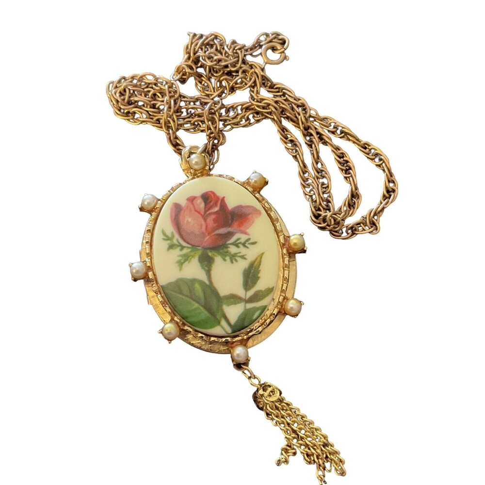 Vintage Transfer Acrylic Rose Cameo style Pendant Locket on Chain 24”.